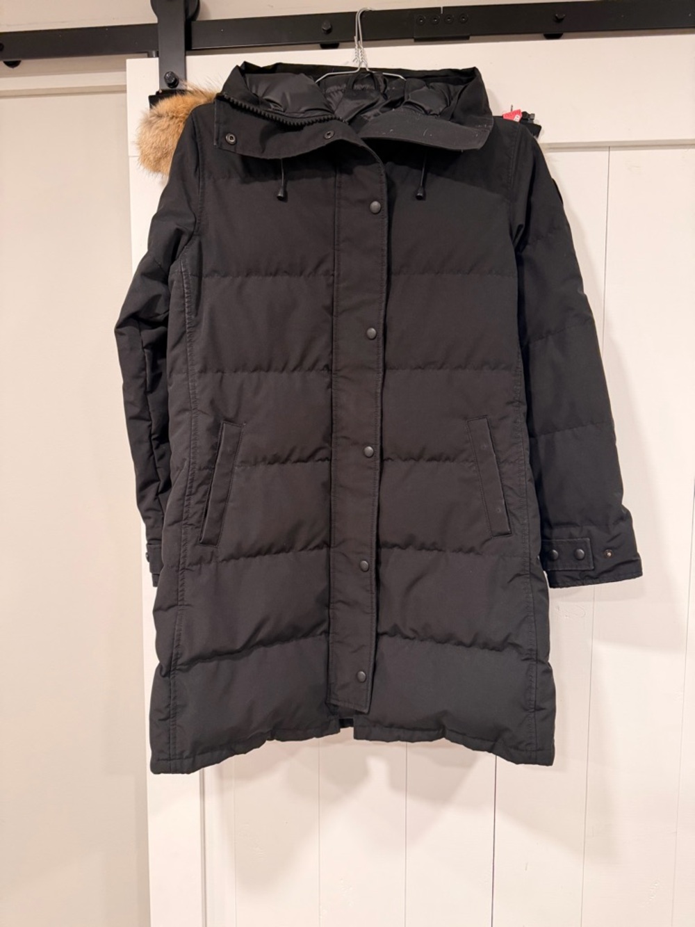 Canada Goose Shelburne Black Long Women's Puffer Coat with Fur-Trim Hood